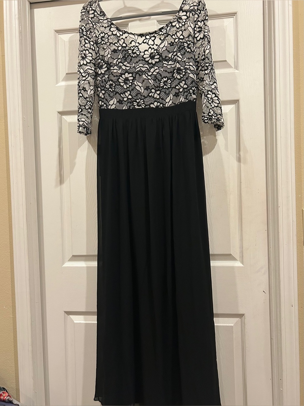 Black Maxi Dress with White Floral Lace Bodice and Three-Quarter Sleeves
